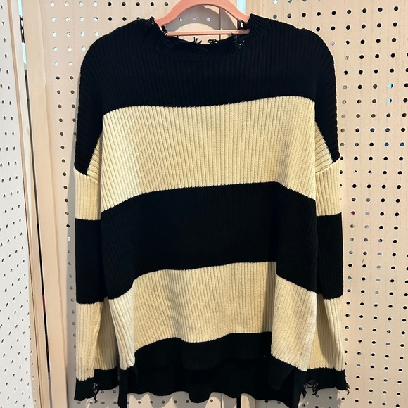 Black & Cream Striped Knit Sweater Distressed Frayed Pullover Revolve Medium - Picture 1 of 7